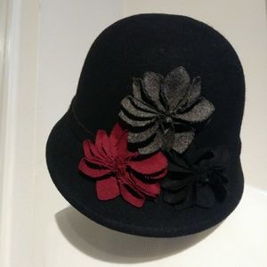 Black Wool Floral Cloche Hat